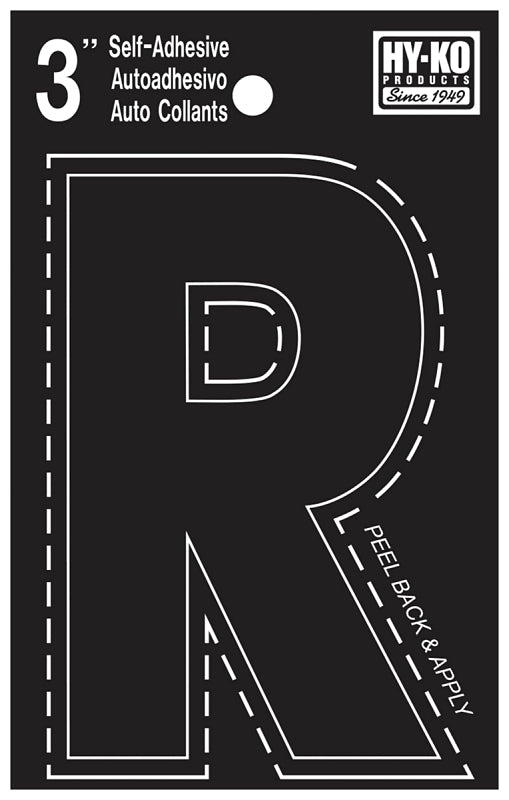 Hy-Ko 30400 Series 30428 Self-Stick Die-Cut Letter, Character: R, 3 in H Character, Black Character, Vinyl, Pack of 10