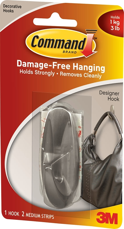 Command 17081-BN Designer Hook, 3 lb, 1 -Hook, Plastic, Brushed Nickel, Pack of 4