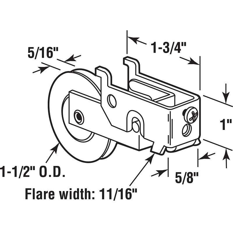 Prime-Line D 1683 Roller Assembly, 1-3/4 in L x 5/8 in W x 1-1/8 in H Dimensions, 1-1/2 in Dia Roller, 5/16 in W Roller