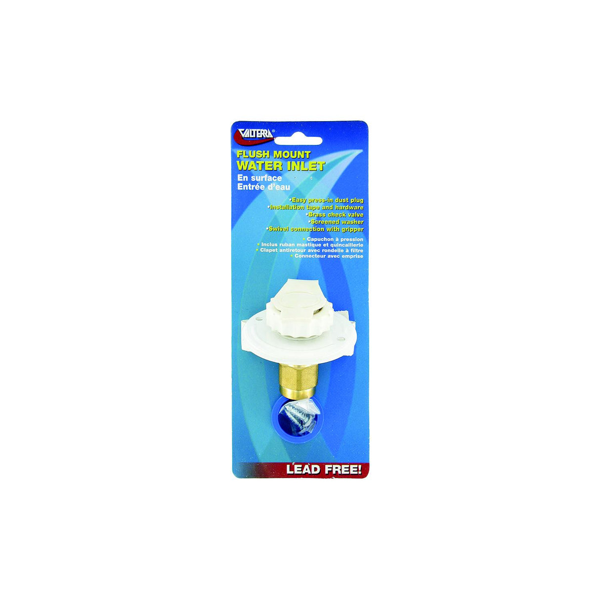 Valterra White Flush Mount FPT Brass Check Valve RV Water Inlet - Includes Screws, Putty Tape & Teflon Tape