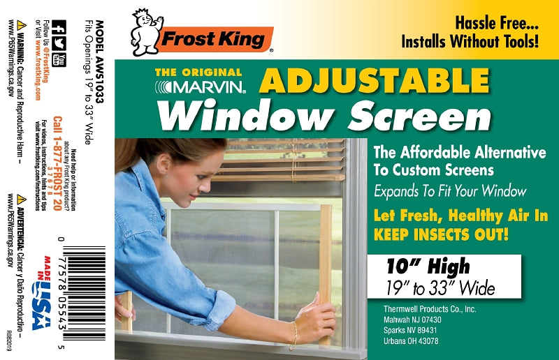 Frost King W.B. Marvin AWS1033 Window Screen, 10 in L, 19 to 33 in W, Aluminum
