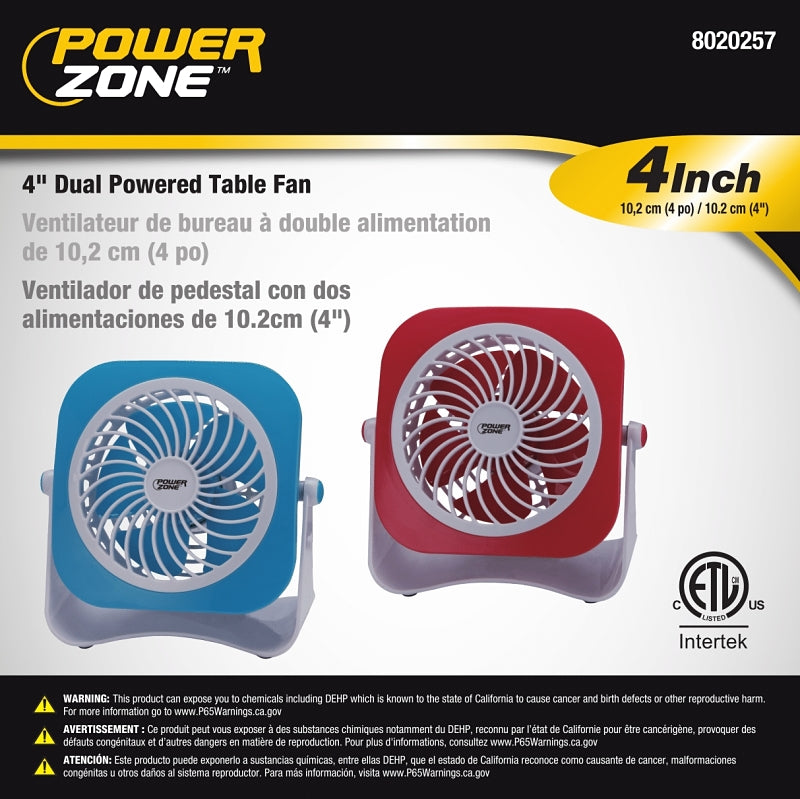 PowerZone QT-U403B Tabletop Fan, 5 VDC, 4 in Dia Blade, 5-Blade, 2-Speed, 48 in L Cord, White/Blue/Red, Pack of 4