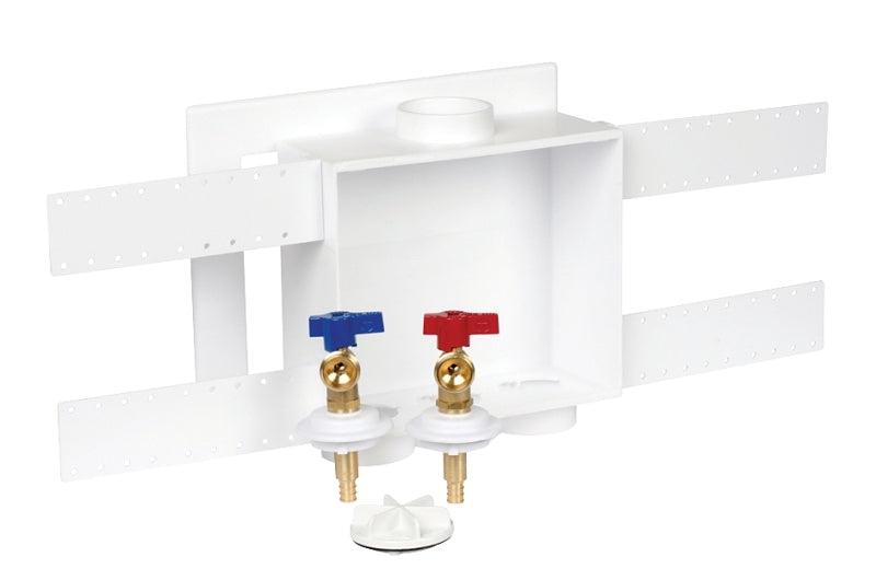 Oatey 38528 Washing Machine Outlet Box, 1/2 in Connection, Brass/Polystyrene, White