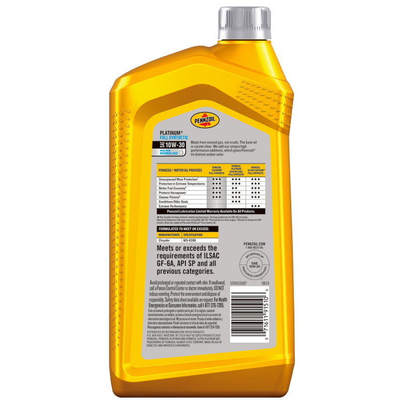 Pennzoil Platinum 10W-30 4-Cycle Synthetic Motor Oil 1 qt 1 pk, Pack of 6
