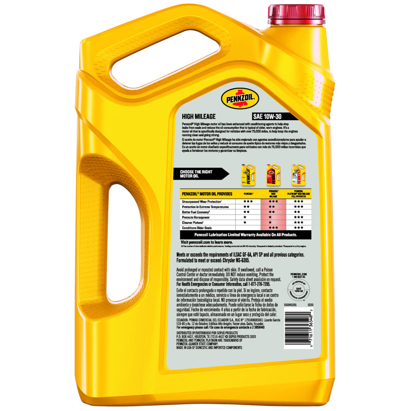 Pennzoil High Mileage 10W-30 Gasoline Conventional Motor Oil 5 qt 1 pk, Pack of 3