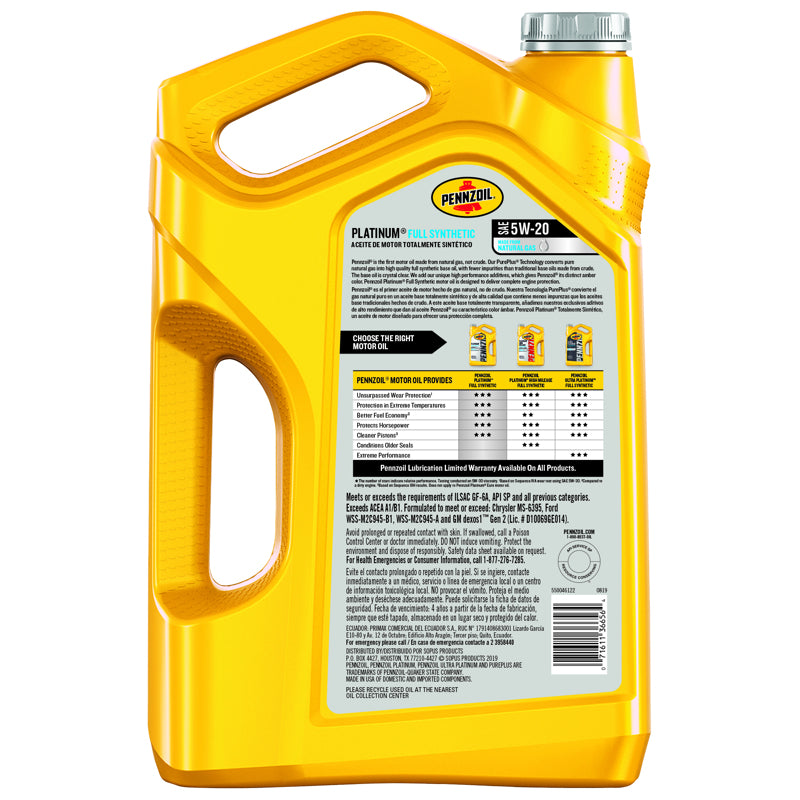 Pennzoil Platinum 5W-20 Gasoline Synthetic Motor Oil 5 qt 1 pk, Pack of 3