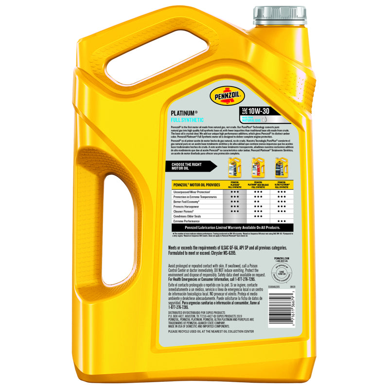 Pennzoil Platinum 10W-30 Gasoline Synthetic Motor Oil 5 qt 1 pk, Pack of 3