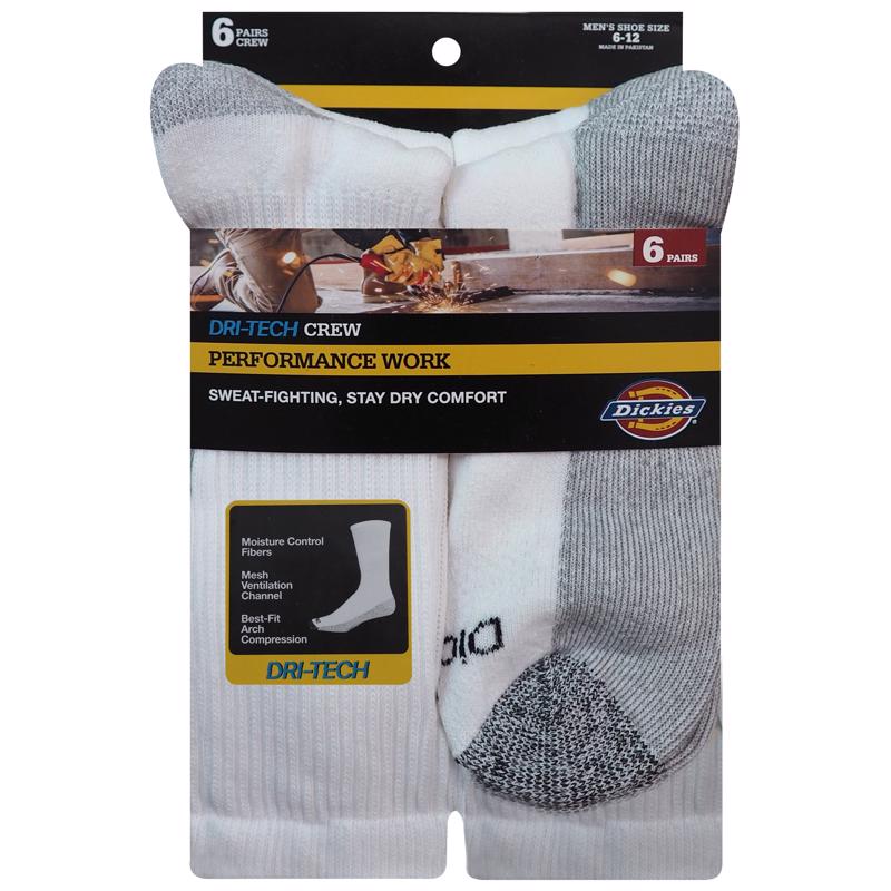 Dickies Dri-Tech Men's 6-12 Crew Socks White, Pack of 2