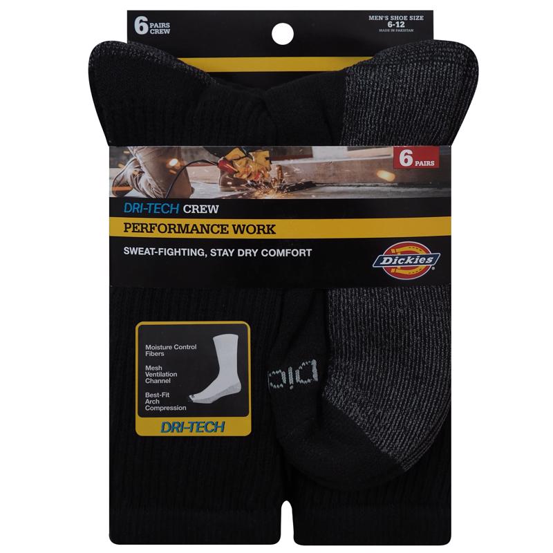 Dickies Dri-Tech Men's 6-12 Crew Socks Black, Pack of 2