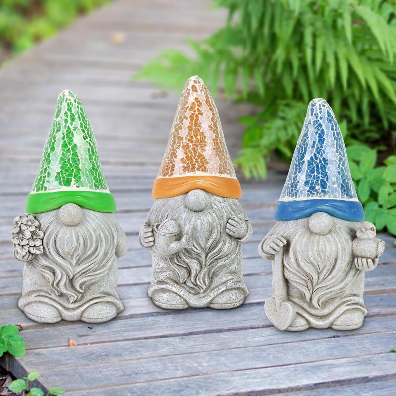 Exhart Assorted Resin 8 in. H Mosaic Hat Gnomes Solar Statue, Pack of 3