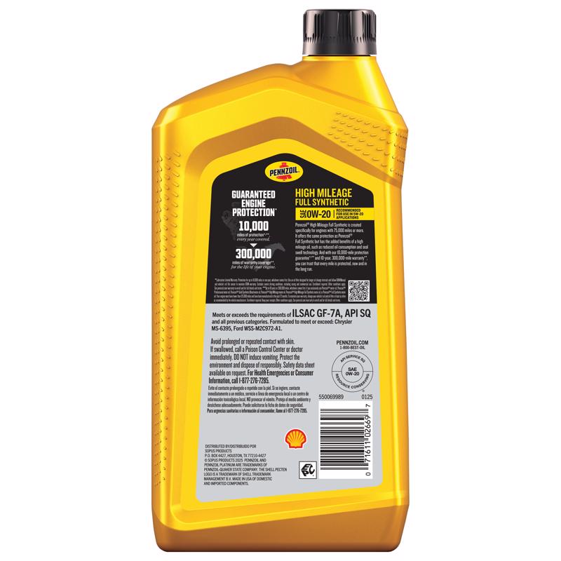 Pennzoil Full Synthetic 0W-20 High Mileage Motor Oil 1 qt 1 pk, Pack of 6