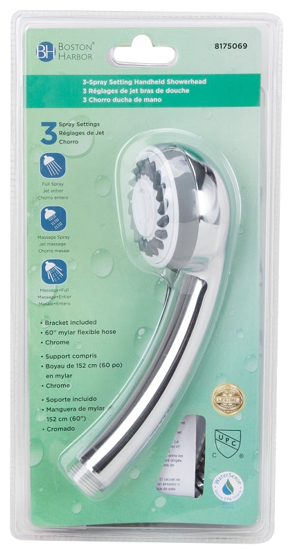 Boston Harbor DS3068CP Hand-Held Shower Head, 1.75 (6.6) 80 gpm (L/MIN) psi, 1/2-14 NPT Connection, Threaded, PVC