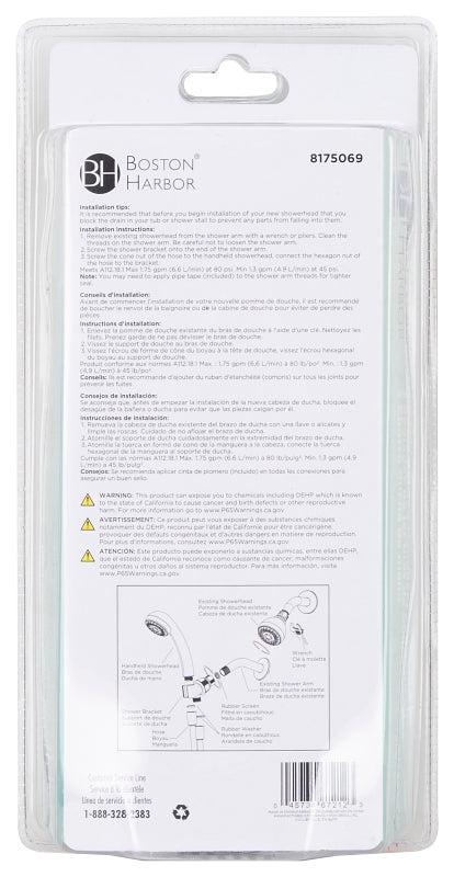 Boston Harbor DS3068CP Hand-Held Shower Head, 1.75 (6.6) 80 gpm (L/MIN) psi, 1/2-14 NPT Connection, Threaded, PVC