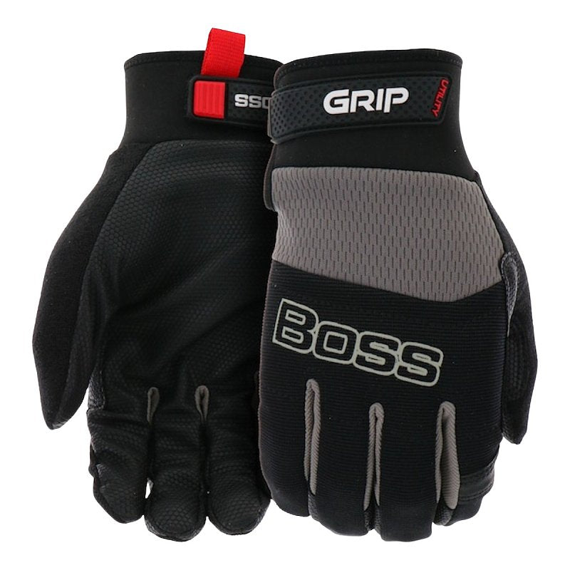 Boss Utility B52334-L Utility Gloves, Men's, L, 8 to 8-3/8 in L, Reinforced Thumb, Hook and Loop Cuff, Black