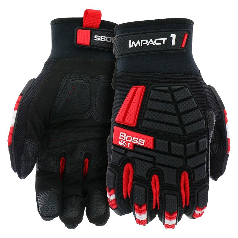 Boss Impact1 B52354-M Work Gloves, Men's, M, 7-1/8 to 8 in L, Reinforced Thumb, Hook and Loop, Slip-On Cuff, Black