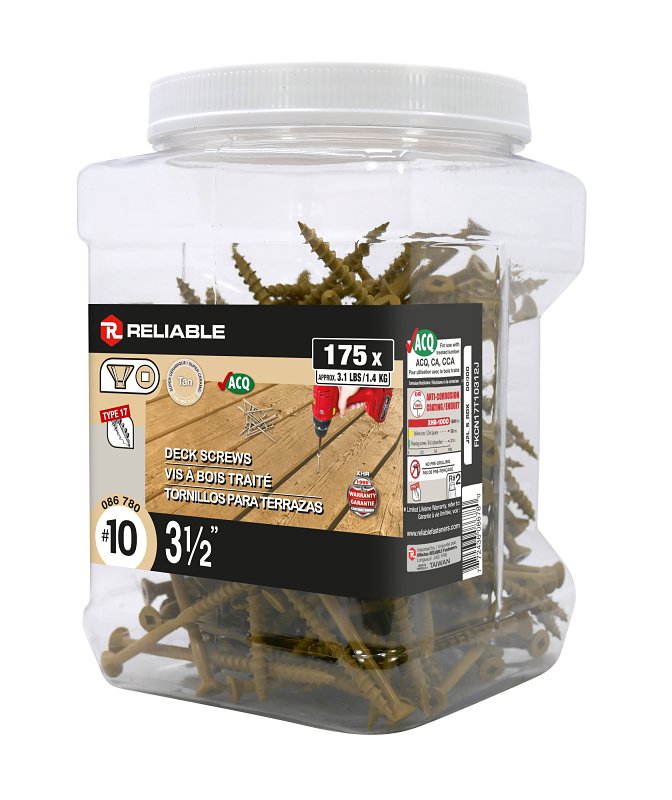 Reliable FKCN17T10312J Deck Screw, #10-9 Thread, 3-1/2 in L, Coarse, Partial Thread, Flat with Nibs Head, Square Drive