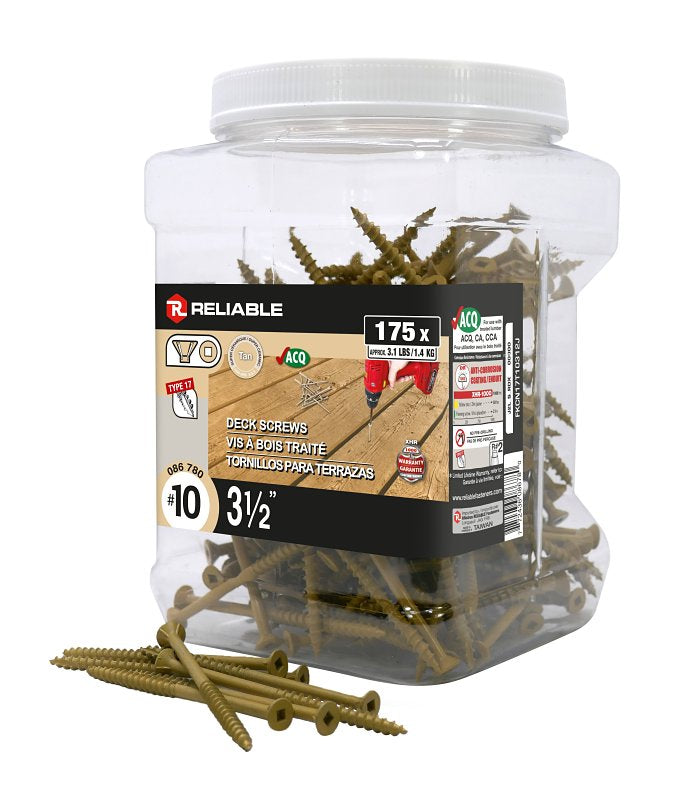 Reliable FKCN17T10312J Deck Screw, #10-9 Thread, 3-1/2 in L, Coarse, Partial Thread, Flat with Nibs Head, Square Drive