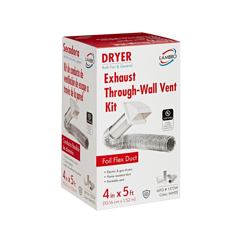 Lambro 1373W Wall Hood Vent Kit, Plastic, White, Includes: (1) 4 x 11 in Aluminum Snap Lock Tail Pipe, 10/PK