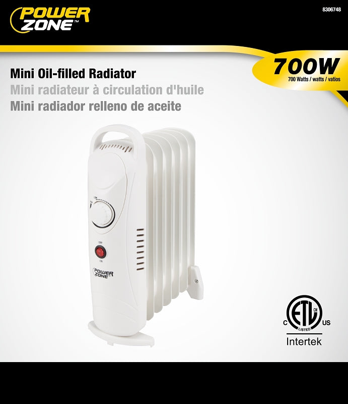 PowerZone CYPB-7 Mini Oil-Filled Heater, 5.8 A, 120 V, 700 W, 700 W Heating, 1-Heating Stage, White