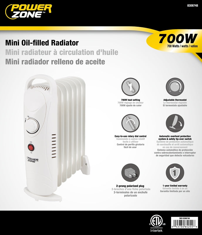 PowerZone CYPB-7 Mini Oil-Filled Heater, 5.8 A, 120 V, 700 W, 700 W Heating, 1-Heating Stage, White