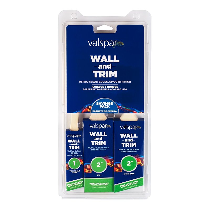 Valspar Wall and Trim Series 882569300 Paint Brush Set, 2 in W, Angle, Flat Brush, Polyester Bristle
