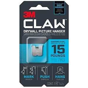 3M CLAW 3PH15M-1ES Drywall Picture Hanger, 15 lb, Steel, Push-In, 1/PK, Pack of 4