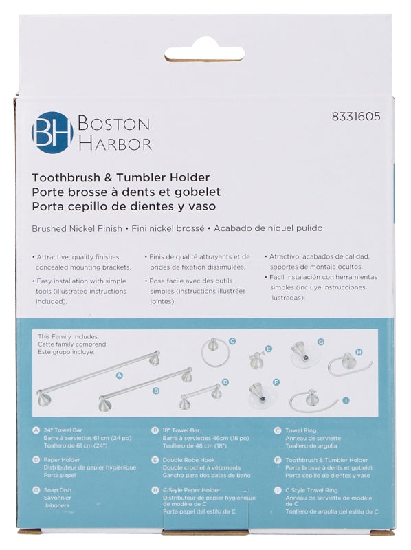 Boston Harbor L5057P-13B-10-3L Toothbrush/Tumbler Holder, Acrylic/Zinc, Brushed Nickel, Wall