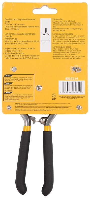 Landscapers Select SE3218 Pruning Shear, 1/2 in Cutting Capacity, Steel Blade, Steel Handle, Cushion Grip Handle