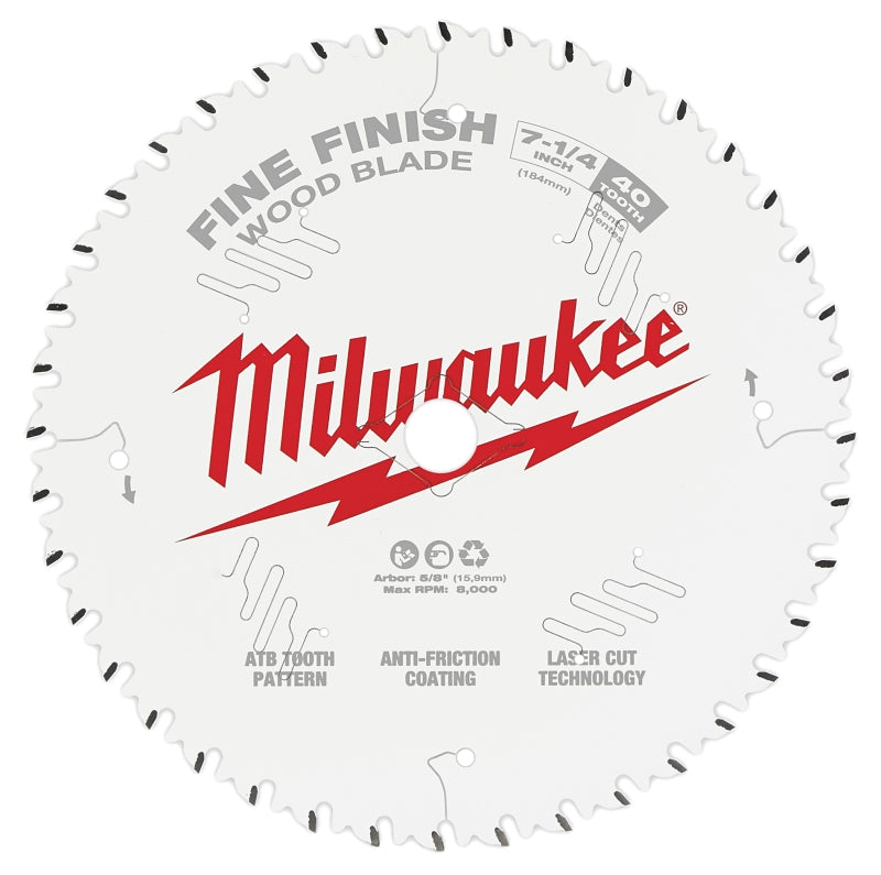 Milwaukee 48-40-0726 Circular Saw Blade, 7-1/4 in Dia, 40-Teeth, 5/8 in Arbor, Cobalt/Tungsten Carbide Cutting Edge
