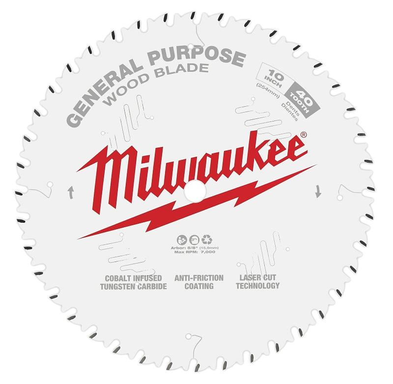 Milwaukee 48-40-1024 Circular Saw Blade, 10 in Dia, 5/8 in Arbor, 40-Teeth, Cobalt/Tungsten Carbide Cutting Edge