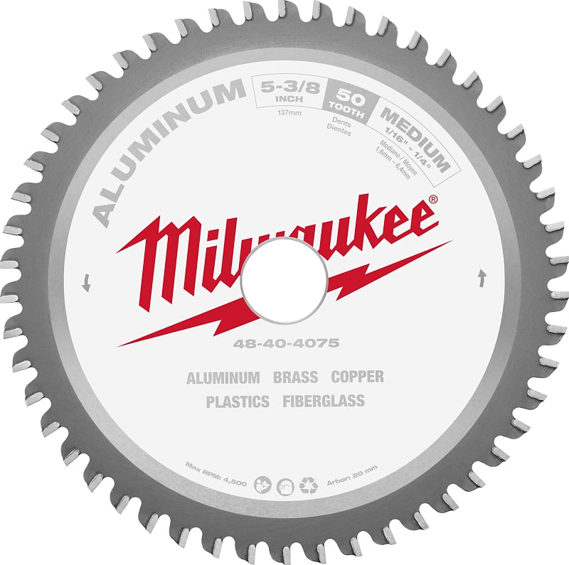 Milwaukee 48-40-4075 Circular Saw Blade, 5-3/8 in Dia, 20 mm Arbor, 50-Teeth, Tungsten Carbide Cutting Edge