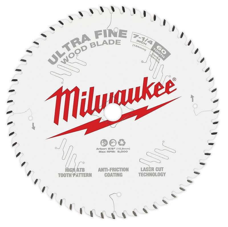 Milwaukee 48-40-0730 Circular Saw Blade, 7-1/4 in Dia, 5/8 in Arbor, 60-Teeth, Cobalt/Tungsten Carbide Cutting Edge