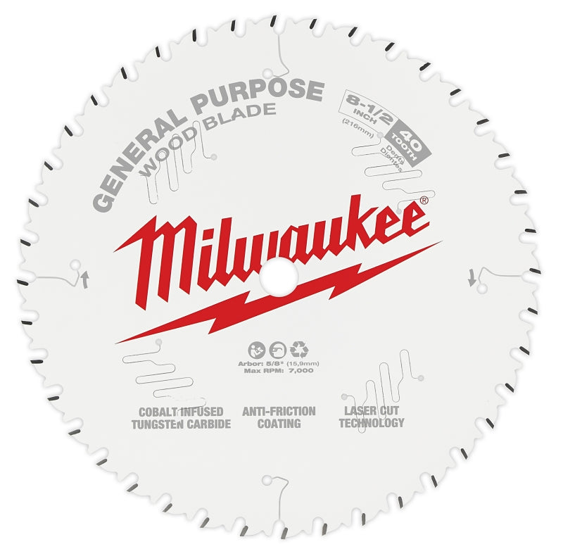 Milwaukee 48-40-0824 Circular Saw Blade, 8-1/2 in Dia, 5/8 in Arbor, 40-Teeth, Cobalt/Tungsten Carbide Cutting Edge