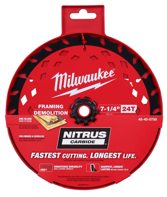 Milwaukee 48-40-0750 Circular Saw Blade, 7-1/4 in Dia, 5/8 in Arbor, 24-Teeth, Carbide Cutting Edge