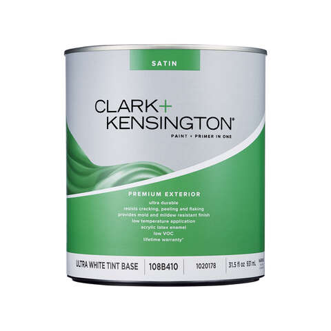 Clark+Kensington Satin Tint Base Ultra White Base Exterior Paint and Primer Exterior 1 qt, Pack of 4