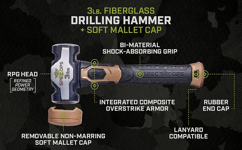 Spec Ops SPEC-M-DRILL3-S Drilling Hammer, 3 lb Head, Sledge Head, 10.62 in OAL