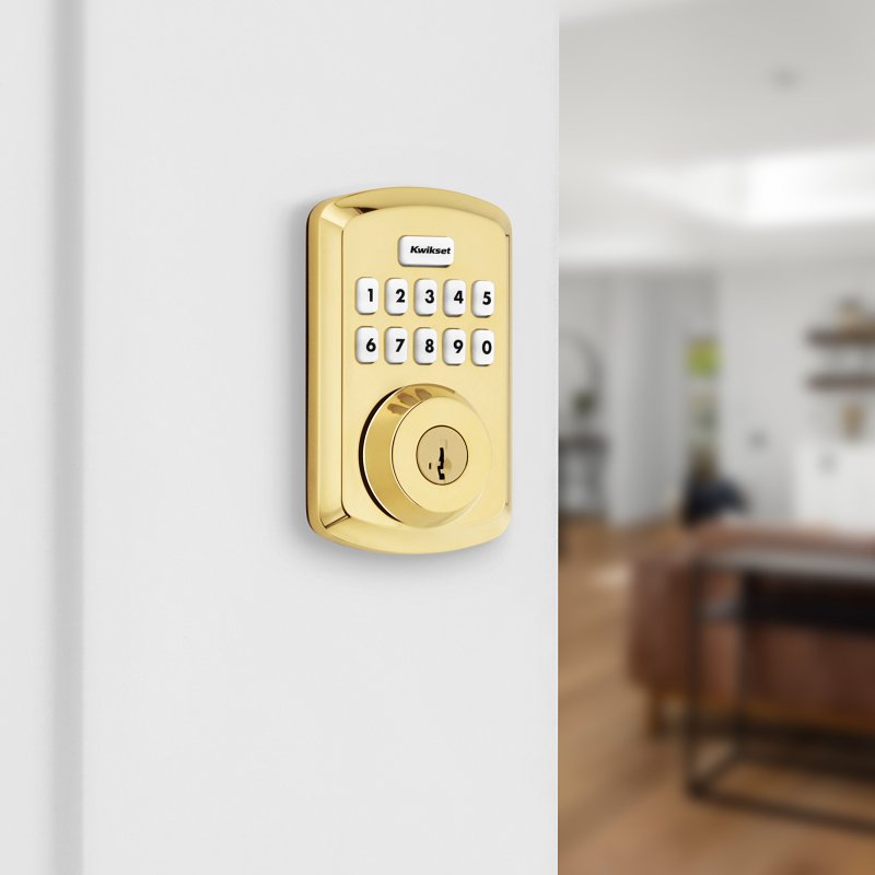 Kwikset Powerbolt 250 Series 992500-001 Keypad Electronic Lock, 3 Grade, Zinc, Lifetime Polished Brass, KW1 Keyway