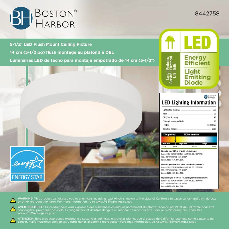 Boston Harbor CL040A WH Ceiling Light Fixture, 0.08 A, 120 V, 10 W, LED Lamp, 550 Lumens, 3000 K Color Temp