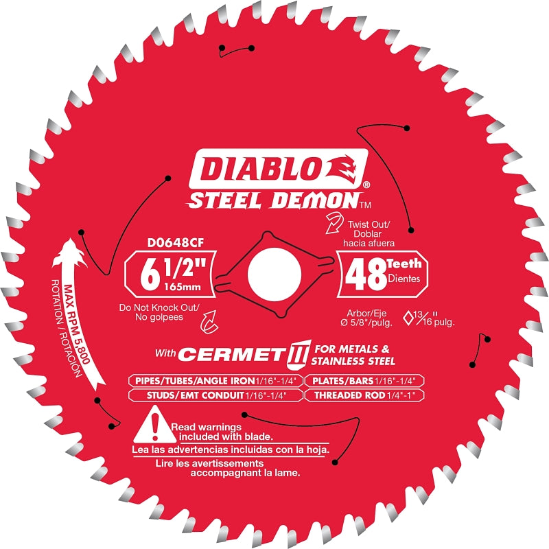 Diablo D0648CFA Saw Blade, 6-1/2 in Dia, 48-Teeth, 5/8 in Arbor, Cermet Cutting Edge