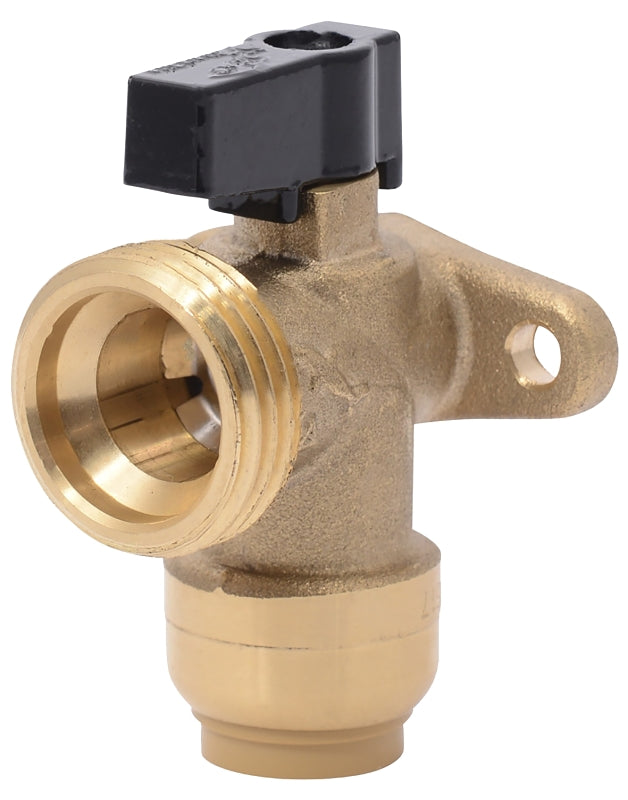 SharkBite 25560LF Push-to-Connect Angle Valve, 1/2 x 3/4 in Connection, Push-Fit x MHT, 200 psi Pressure, Brass Body