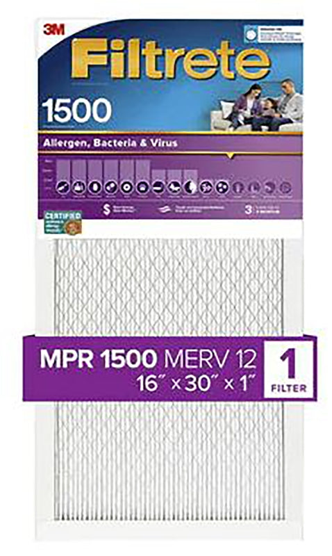 Filtrete 2027DC-4 Air Filter, 30 in L, 16 in W, 12 MERV, 1500 MPR, For: Air Conditioner, Furnace and HVAC System, Pack of 4