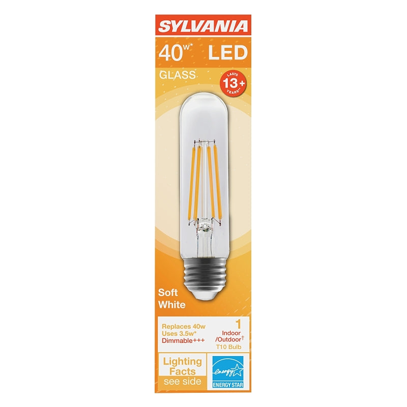 Sylvania 42054 LED Bulb, T10 Lamp, 40 W Equivalent, E26 Medium Lamp Base, Dimmable, Clear, Soft White, 2700 K Color Temp