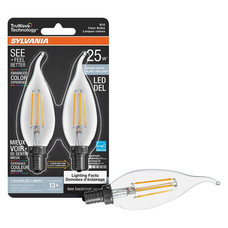 Sylvania TruWave Series 42097 LED Bulb, Bent Tip Lamp, 25 W Equivalent, Candelabra E12 Lamp Base, Dimmable, Clear