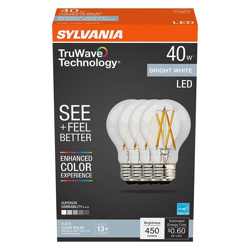 Sylvania 42098 Lamp, A19 Lamp, 40 W Equivalent, Medium Screw E26 Lamp Base, Dimmable, Clear, Neutral White