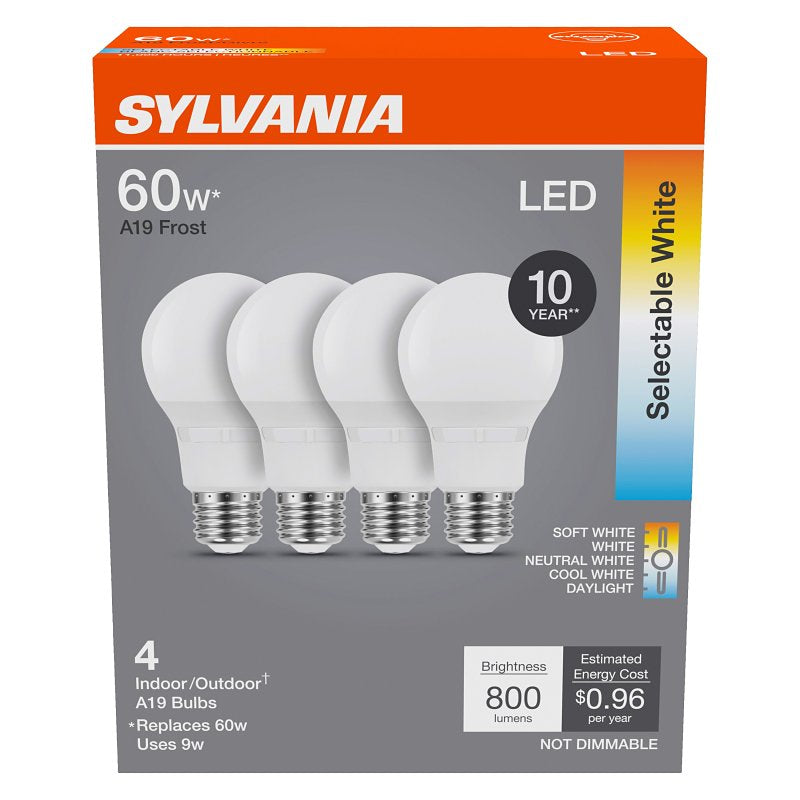Sylvania 42479 LED Bulb, 5CCT Selectable, A19 Lamp, 60 W Equivalent, E26 Medium Lamp Base, Non Dimmable, Frosted, Pack of 4