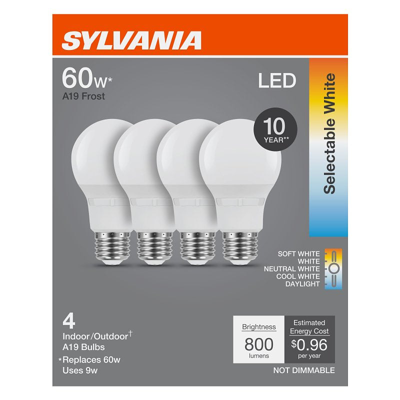 Sylvania 42479 LED Bulb, 5CCT Selectable, A19 Lamp, 60 W Equivalent, E26 Medium Lamp Base, Non Dimmable, Frosted, Pack of 4
