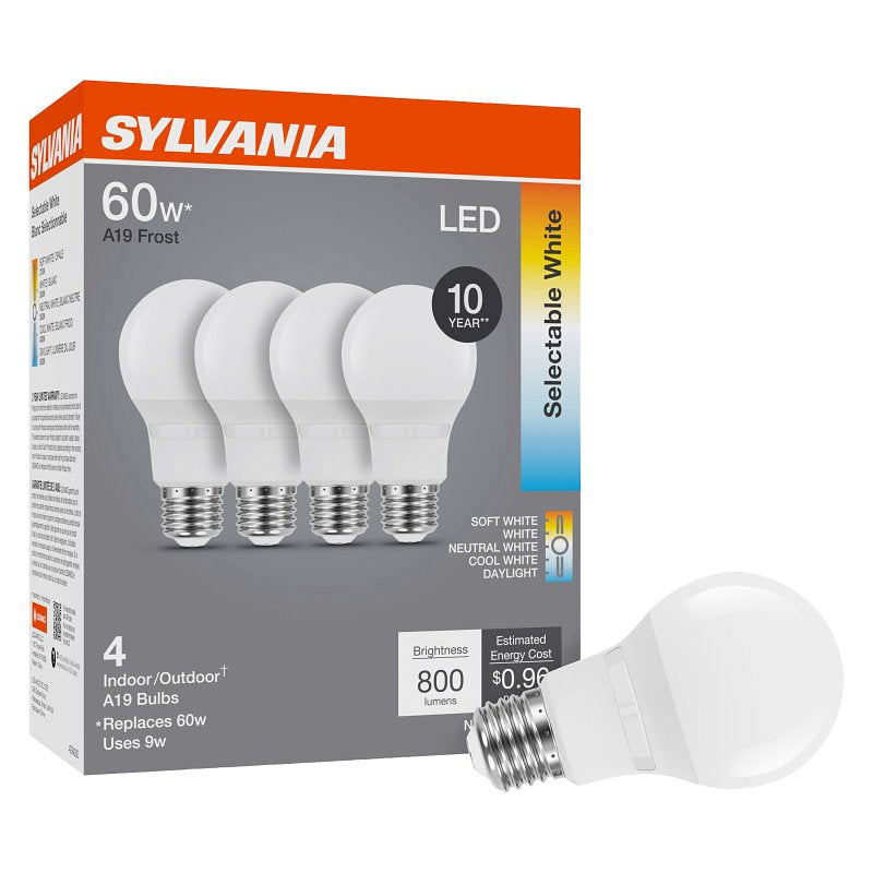 Sylvania 42479 LED Bulb, 5CCT Selectable, A19 Lamp, 60 W Equivalent, E26 Medium Lamp Base, Non Dimmable, Frosted, Pack of 4