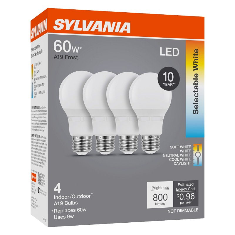 Sylvania 42479 LED Bulb, 5CCT Selectable, A19 Lamp, 60 W Equivalent, E26 Medium Lamp Base, Non Dimmable, Frosted, Pack of 4