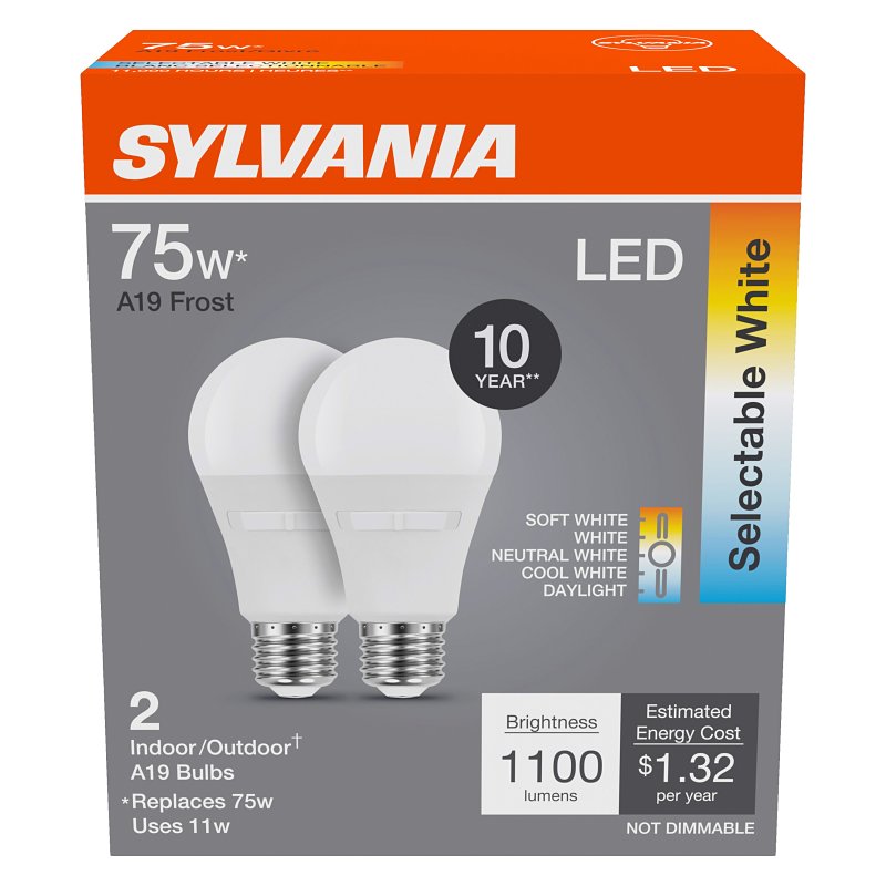 Sylvania Contractor Series 42481 LED Light Bulb, A19 Lamp, 75 W Equivalent, E26 Medium Lamp Base, Frosted