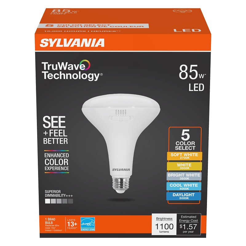 Sylvania TruWave 42108 LED Bulb, 5CCT Selectable, BR40 Lamp, 85 W Equivalent, E26 Medium Lamp Base, Dimmable, Frosted, Pack of 4